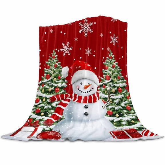 Christmas Flannel Blanket for Bed,Travel and Camping, Red Snowman Xmas Balls Pine Tree Snowflakes Winter Super Soft Cozy Blanket for All Seasons 50" x 80"