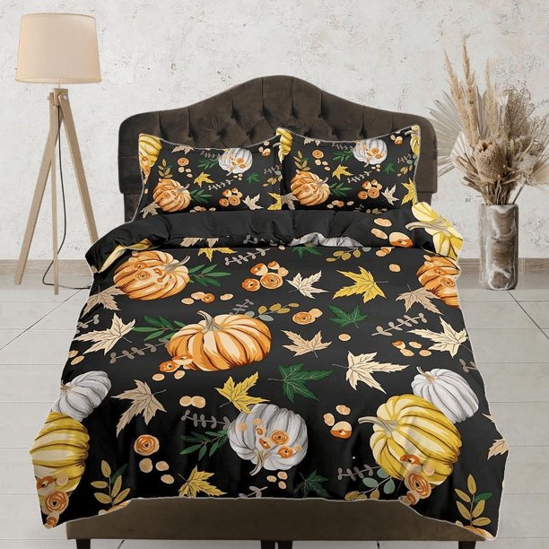 Calabaza retro halloween ropa de cama y funda de almohada, otoño juego de funda nórdica dormitorio
