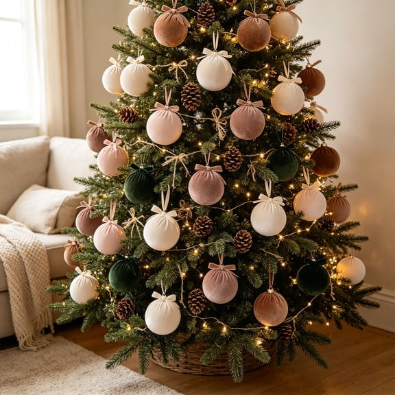 15pcs Velvet Fabric Christmas Ball Ornaments, Plastic Hanging Decorations with Soft Wrapped-Textile Finish for Xmas Trees Wreaths Mantels and Elegant Holiday Displays