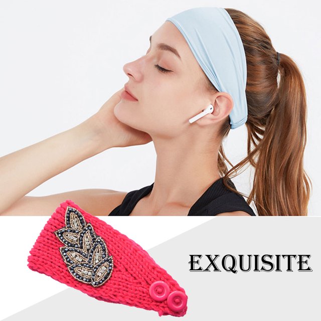Crochet Headbands Winter Leaves Pattern with Rhinestones Elastic Head Protector Wide Warm Chunky Hair Accessories for Girls Fushcia