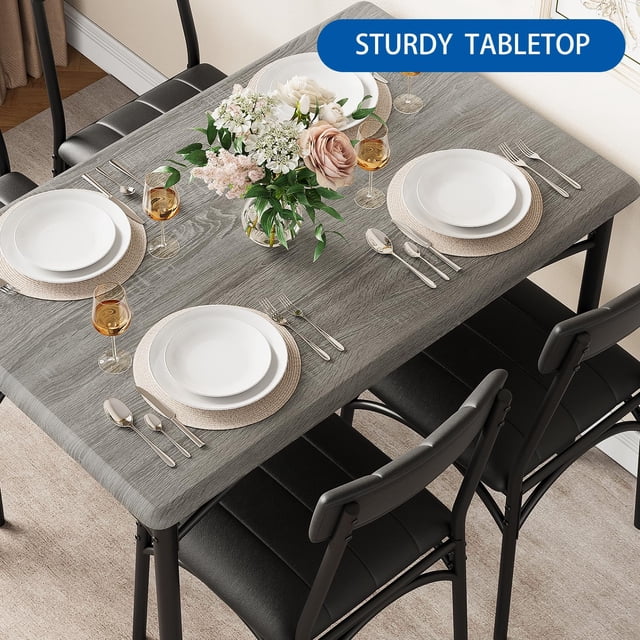 Kojooin Dining Table Set for 4, Kitchen Table and Chairs for 4, Rectangular Dining Room Table Set with Upholstered Bench for Small Space, Apartment, Dinner, Rustic Gray