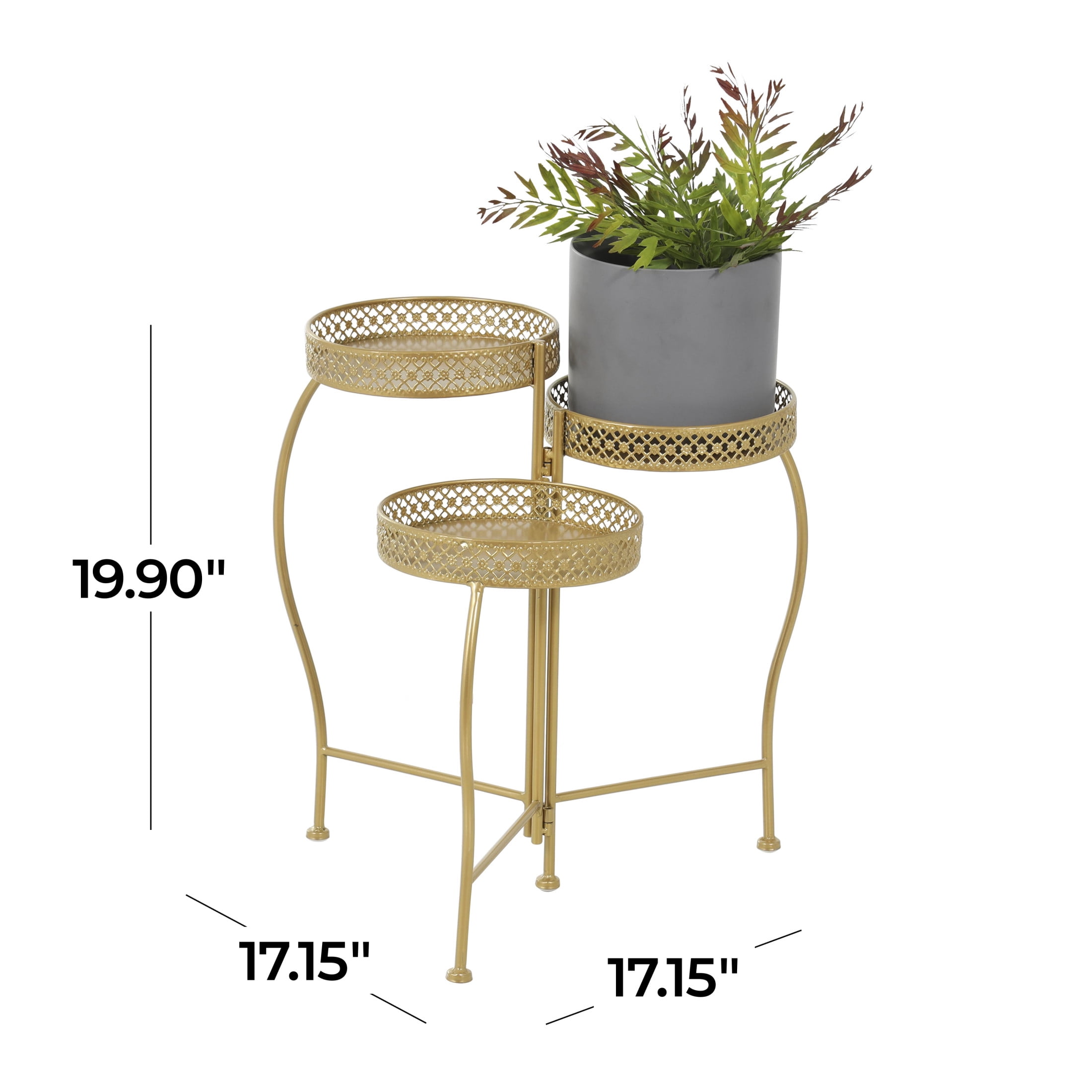 DecMode 17" x 17" x 20" 3 Tier Gold Metal Curved Folding Plantstand with Floral and Scroll Patterns