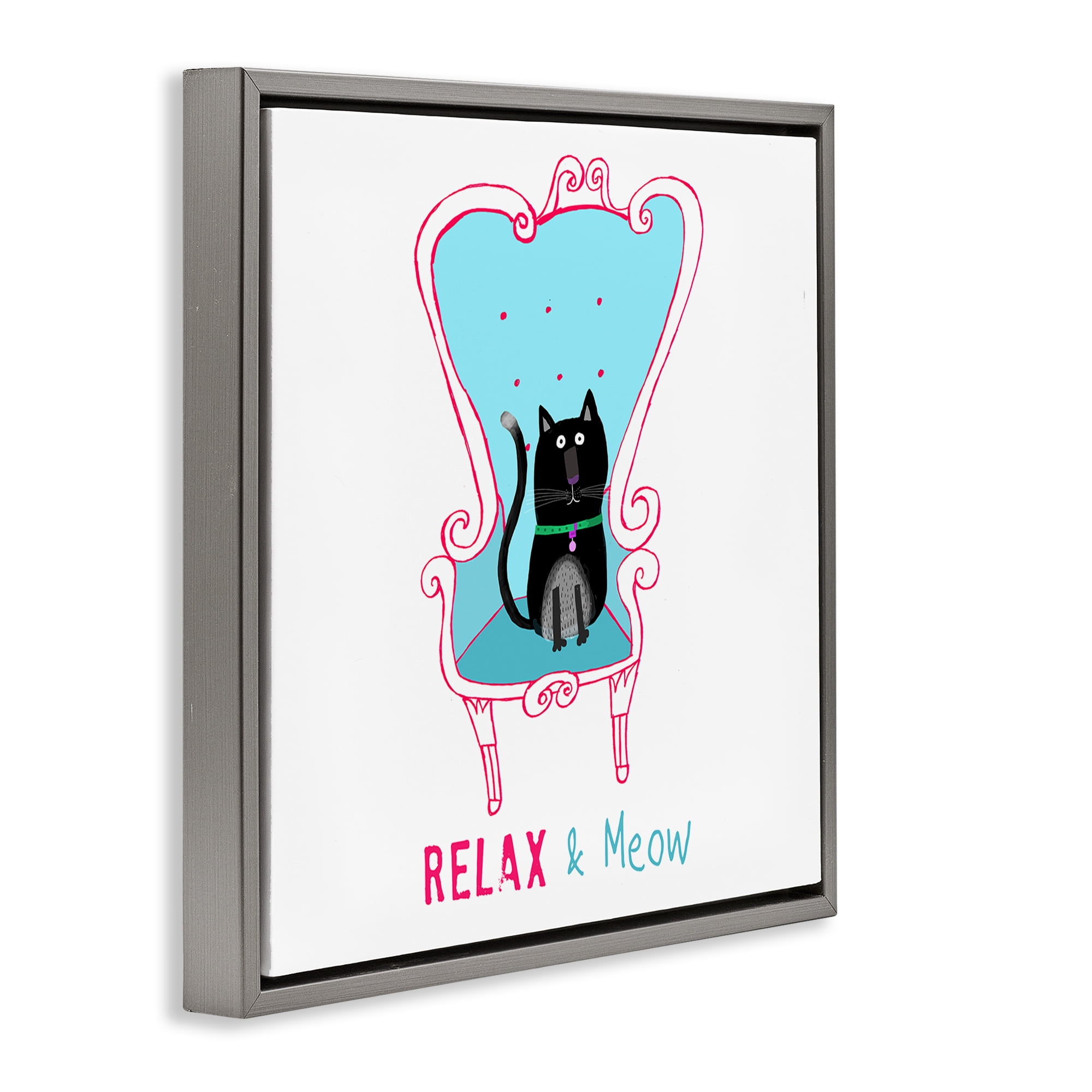 Stupell Industries Relax & Meow Cat Furniture Painting Gray Floater Framed Canvas Art Print Wall Art, 18 x 18