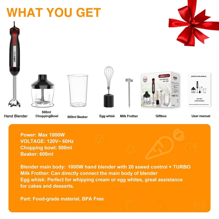 BLACK+DECKER Kitchen Wand Cordless Immersion Blender, 3 in 1 Multi Tool  Set, Hand Blender with Charging Dock, Whisk and Milk Frother, Red  (BCKM1013KS06)