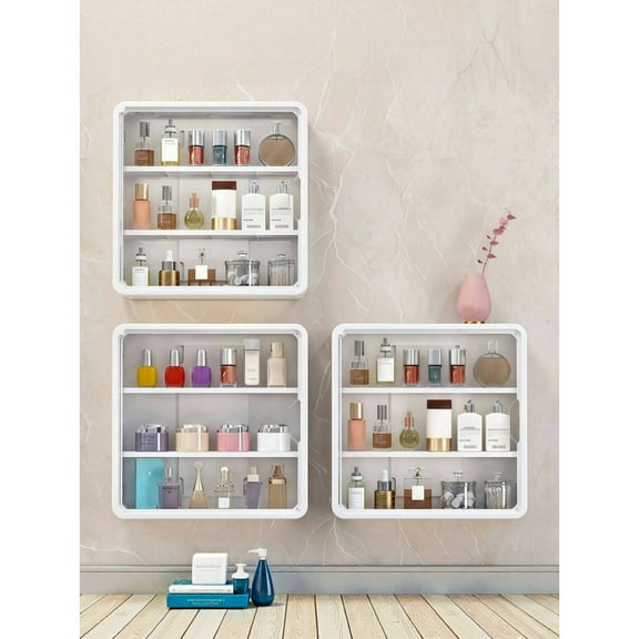 YFLXDMLYYSC 1pc Wall-Mounted No-Drill Transparent Makeup Organizer & Display Case -Multi-Functional Cosmetic Storage Box With Removable Adjustable Shelves