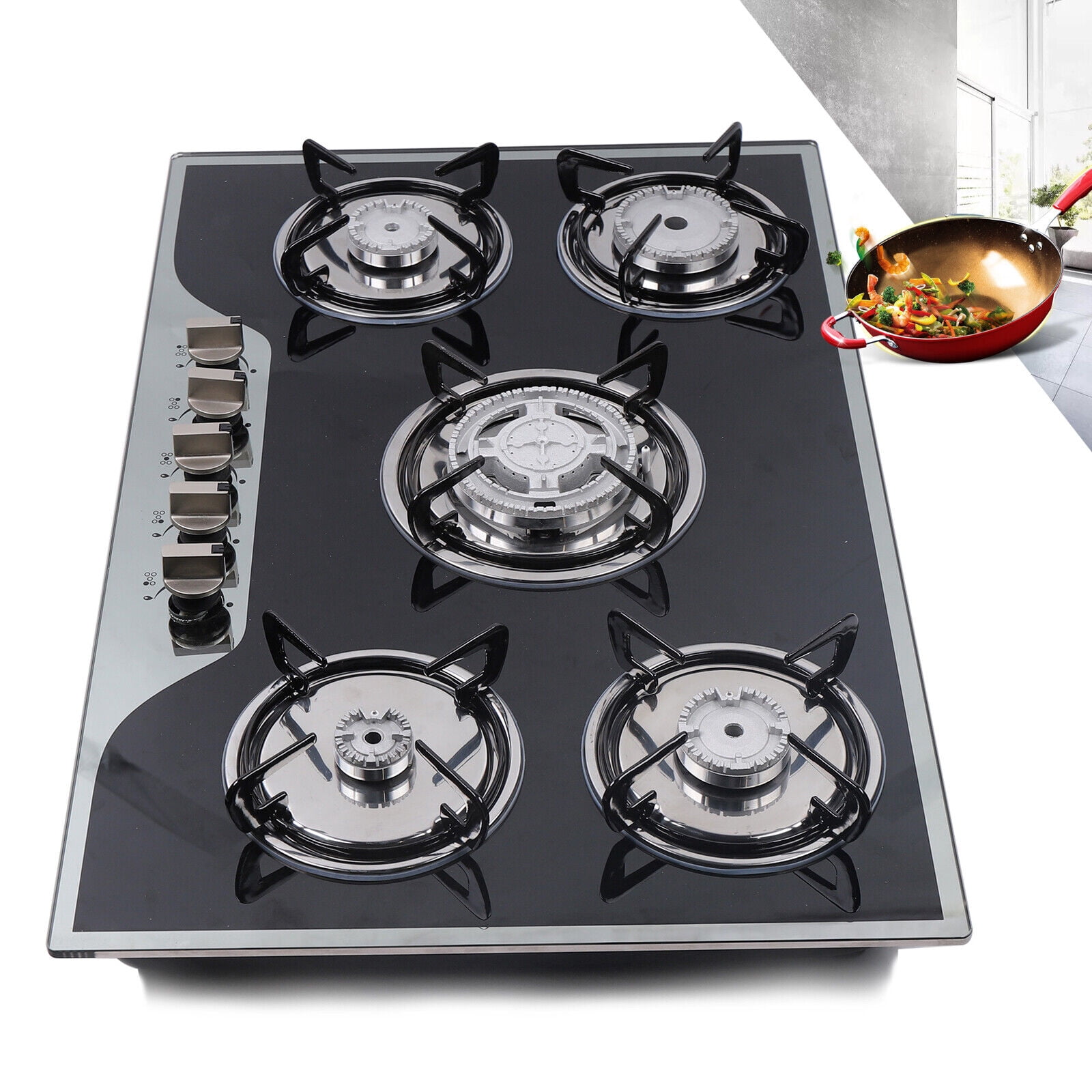 Gas Cooktop with 5 Burners 5 Burners with Independent Fire Adjustment Knobs 180° Fire Control for Domestic or Commercial Cooking