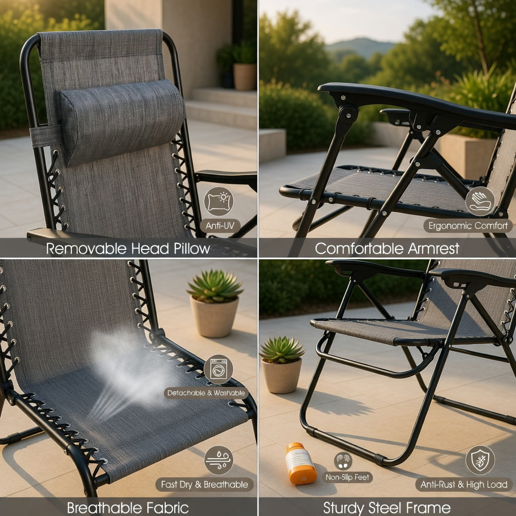 Hommoo 2-Pack Zero Gravity Folding Lounge Chairs with Adjustable Headrests, Breathable Waterproof Fabric, Heavy-Duty Steel Frame, Gray