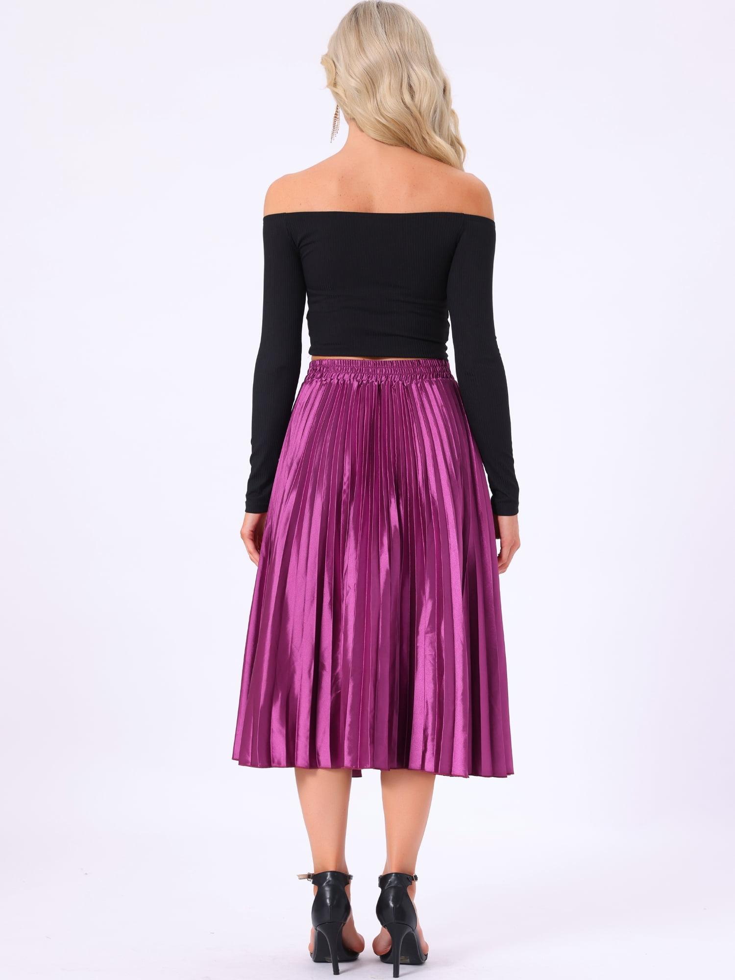 DARING DIVA Women's Midi Length Elastic High Waisted Pleated Skirt M Mauve