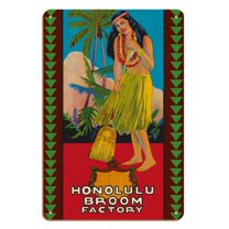 Honolulu Hawaii Broom Factory - Hawaiian Hula Girl - Vintage Advertising Poster c.1950s - 8 x 12 inch Vintage Wood Art Sign