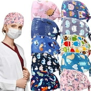 Geyoga 10 Pieces Women Bouffant Caps with Buttons Adjustable Hat Breathable Turban Cap Sweatband Hats Tie Back