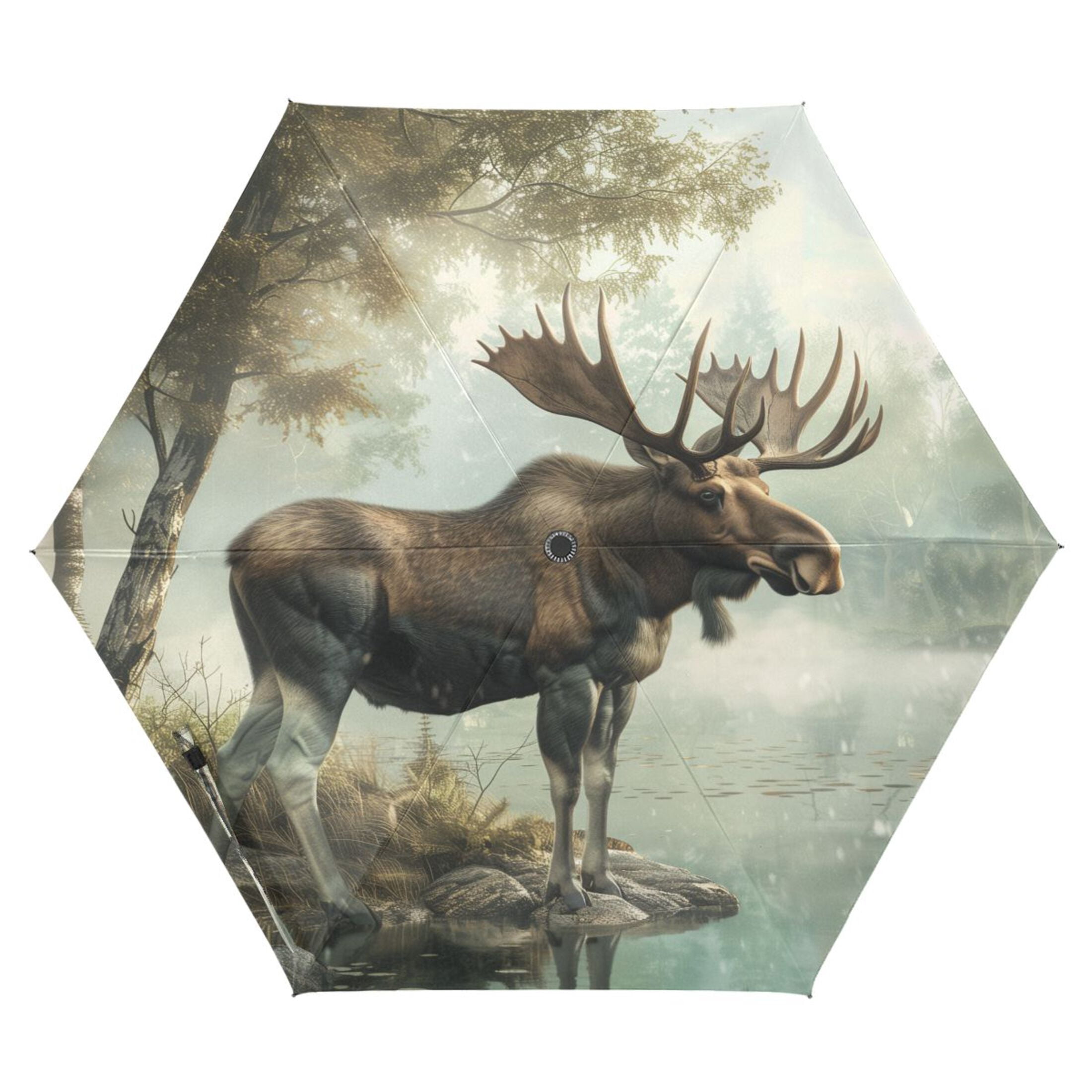 Compact Sun Umbrella Windproof Travel Umbrellas for Rain Strong Portable UV Protection Moose on Misty Lake