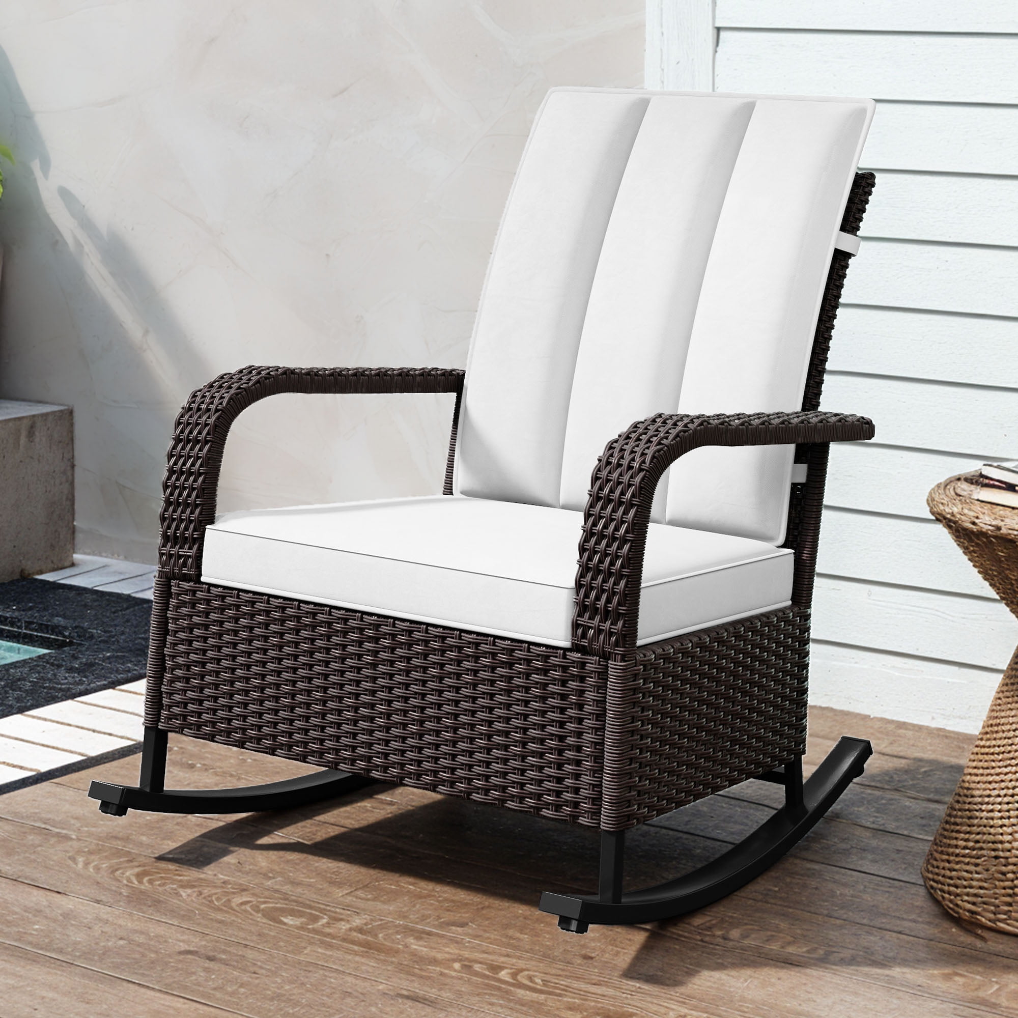 Uforic Outdoor Iron + PE Woven Rattan Rocking Chair with Footrest, Reclining, Brown Gradient Rattan & Beige Cushion, 2 Pcs