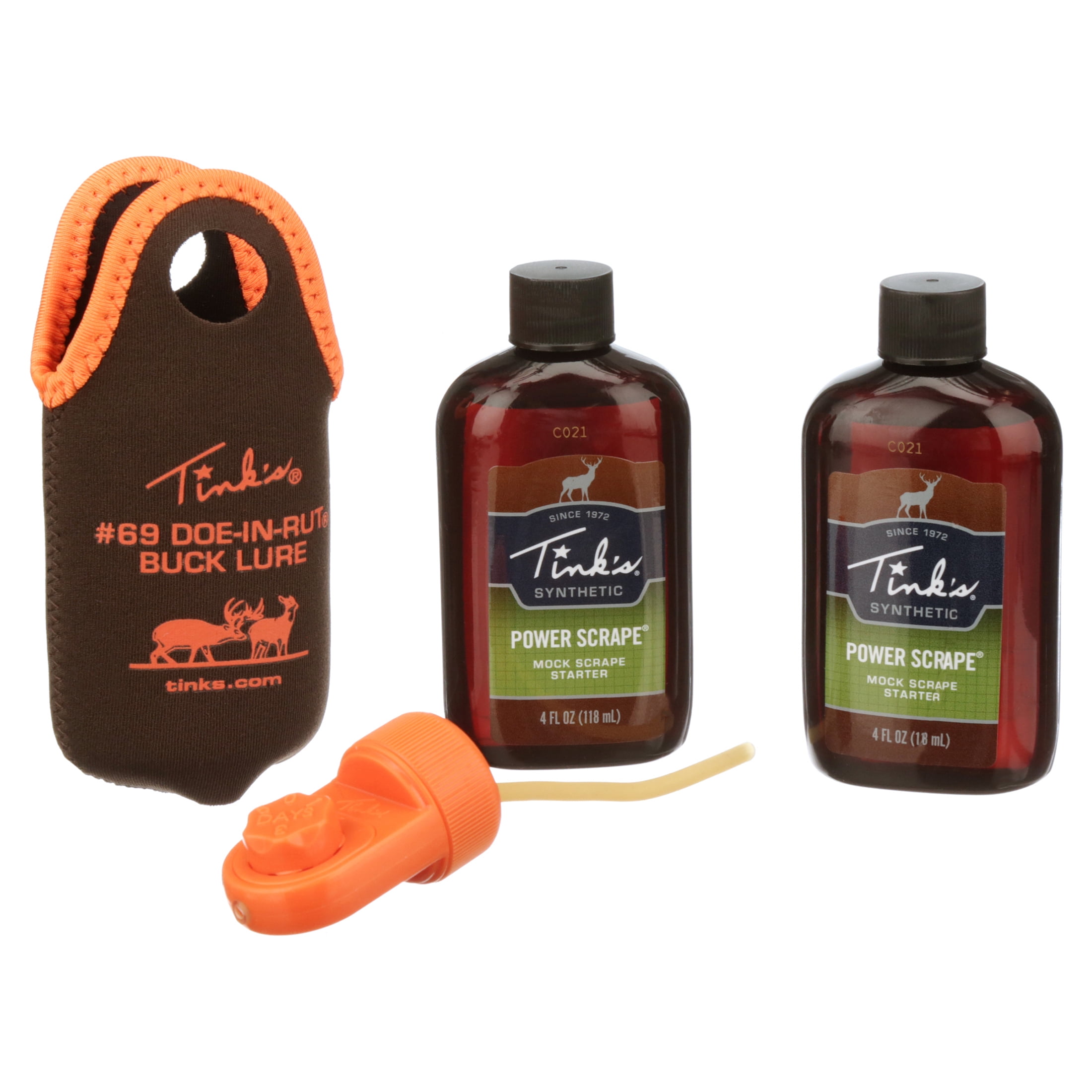 (2 pack) Tink's® Dial-A-Dripper Mock Scrape Starter Kit with two 4 oz. bottles of Tink’s® Power Scrape® Mock Scrape Starter Scent and one Dial-A-Dripper with neoprene hanging bag.