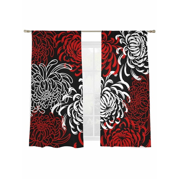Floral Pattern Sheer Curtains 63 Inch Long 2 Panels, Outline White Red Chrysanthemum Graphic Light Filtering Rod Pocket Semi Sheer Curtains, Sheer Voile Drapes for Living Room Bedroom, 52"x63"