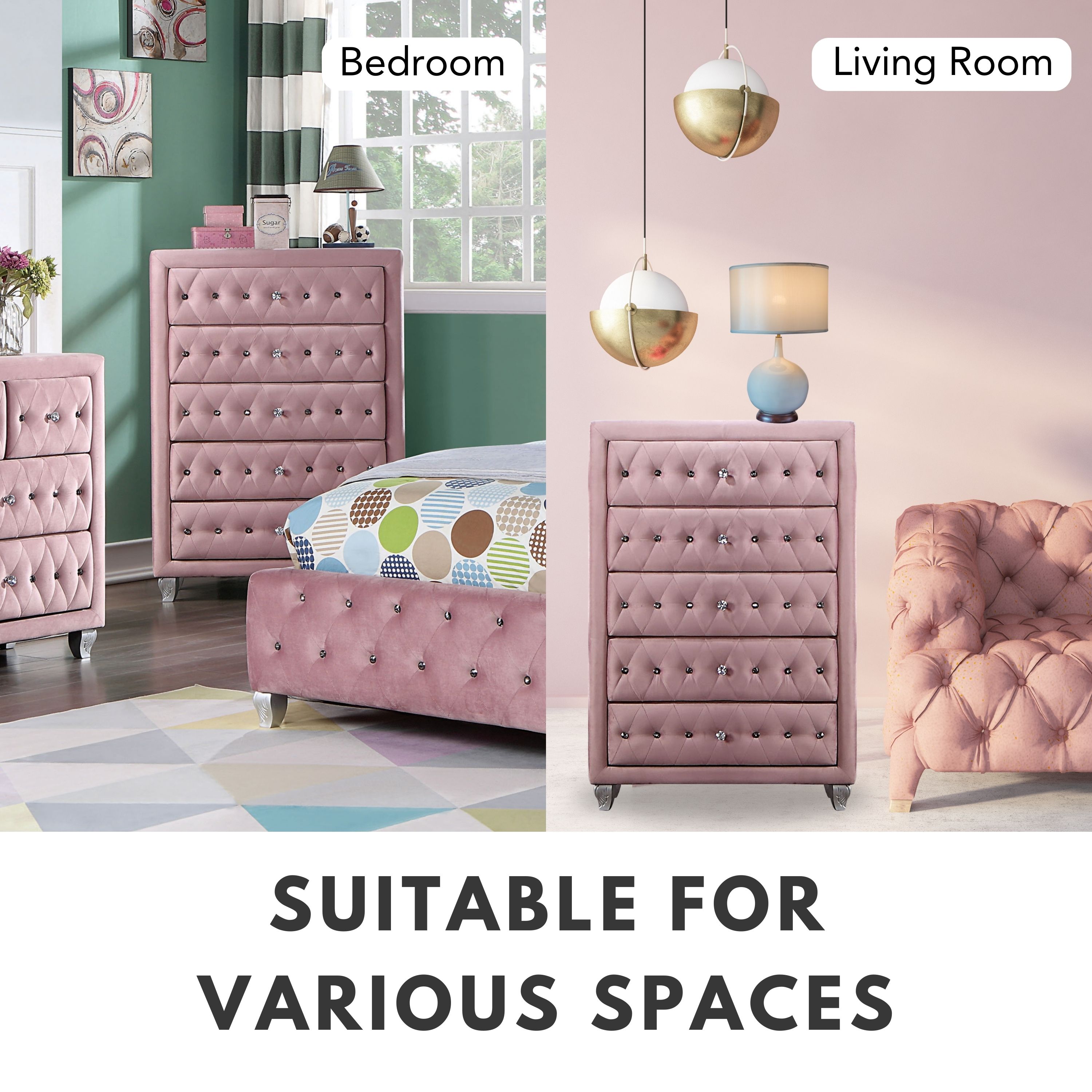 Furniture of America Breand Adult Glam 5-Drawer Vertical Dresser, Pink