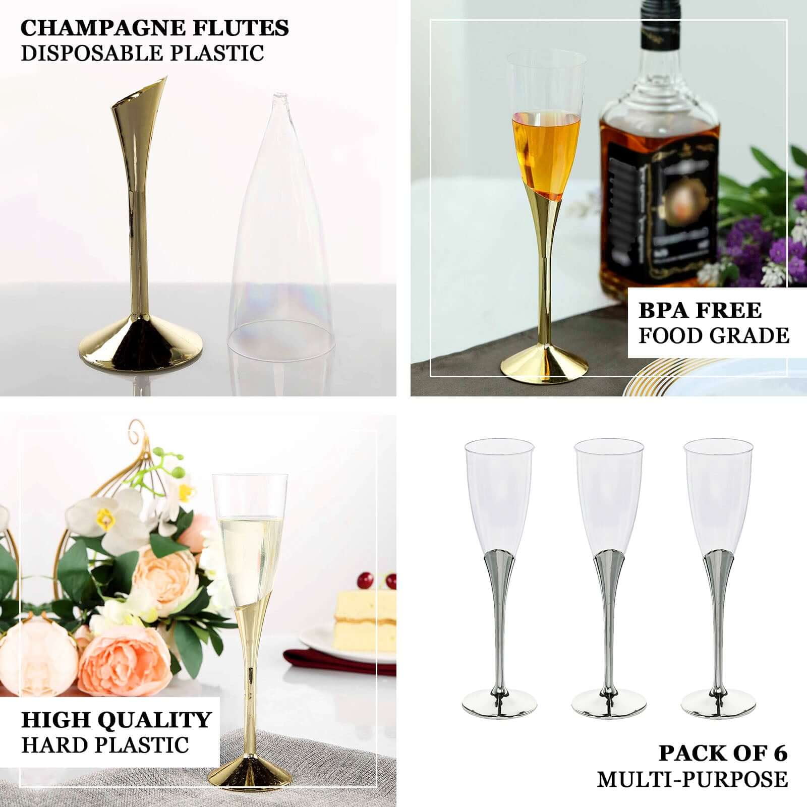 Efavormart 30 Pack | 5 oz | Plastic Champagne Flutes Disposable | Gold | Colored Detachable Base