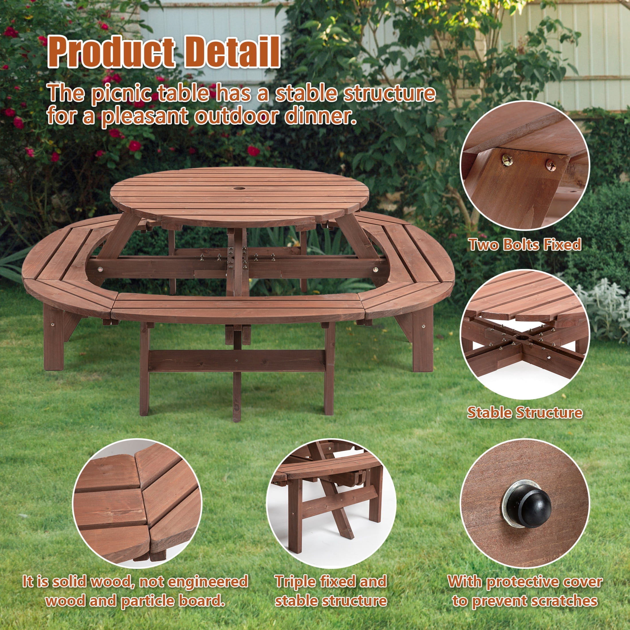 Noble House Lavinia Round Outdoor Fir Wood Picnic Table with Connected Ring Stool, for Patio, Backyard, Garden, Brown