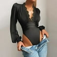thumbnail image 1 of Justaucorps à Col en V Profond pour Femmes, Manches Longues Bouffantes, Hauts Triangle, Manches Lanterne, Dentelle Extensible, Combinaison à Décolleté Plongeant, 1 of 2