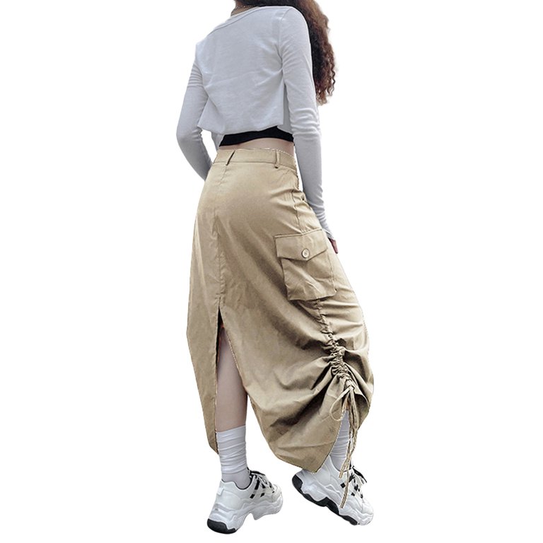 Women's Pleated Knee-light Long Cargo Skirt with Drawstring