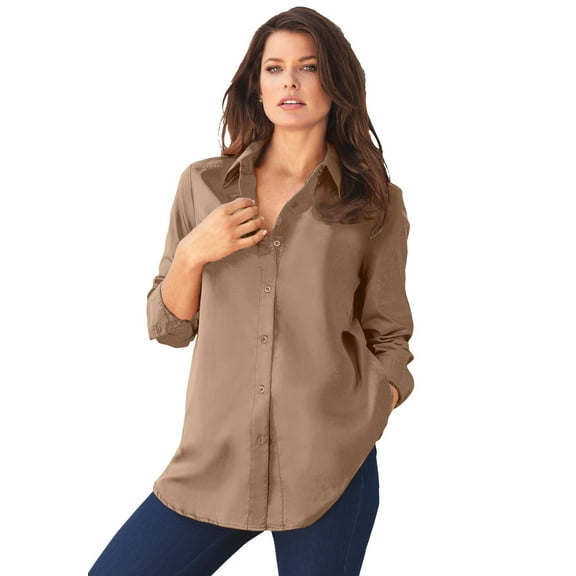 Roaman's Women's Plus Size Kate Long Sleeve Easy Cotton-Blend Button-Front Shirt