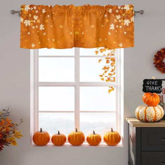 Valance for Windows,Orange Maple Leaf Thanksgiving Valances Curtain Rod Pocket Valance for Kitchen Bedroom Living Room Bathroom,Fall Country Leaves Short Curtains Window Treatment 54x18in