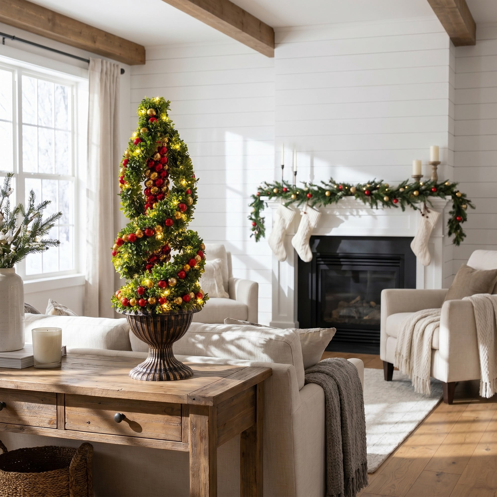 3ft. Pre-Lit Artificial Christmas Spiral Boxwood Topiary Tree with Ornaments and 70 LED Lights in Decorative Urn