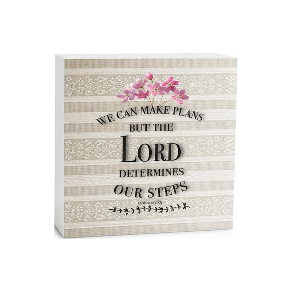 He Determines Our Steps Ecru Linen Stripe 5 x 5 Wood Tabletop Sign Plaque