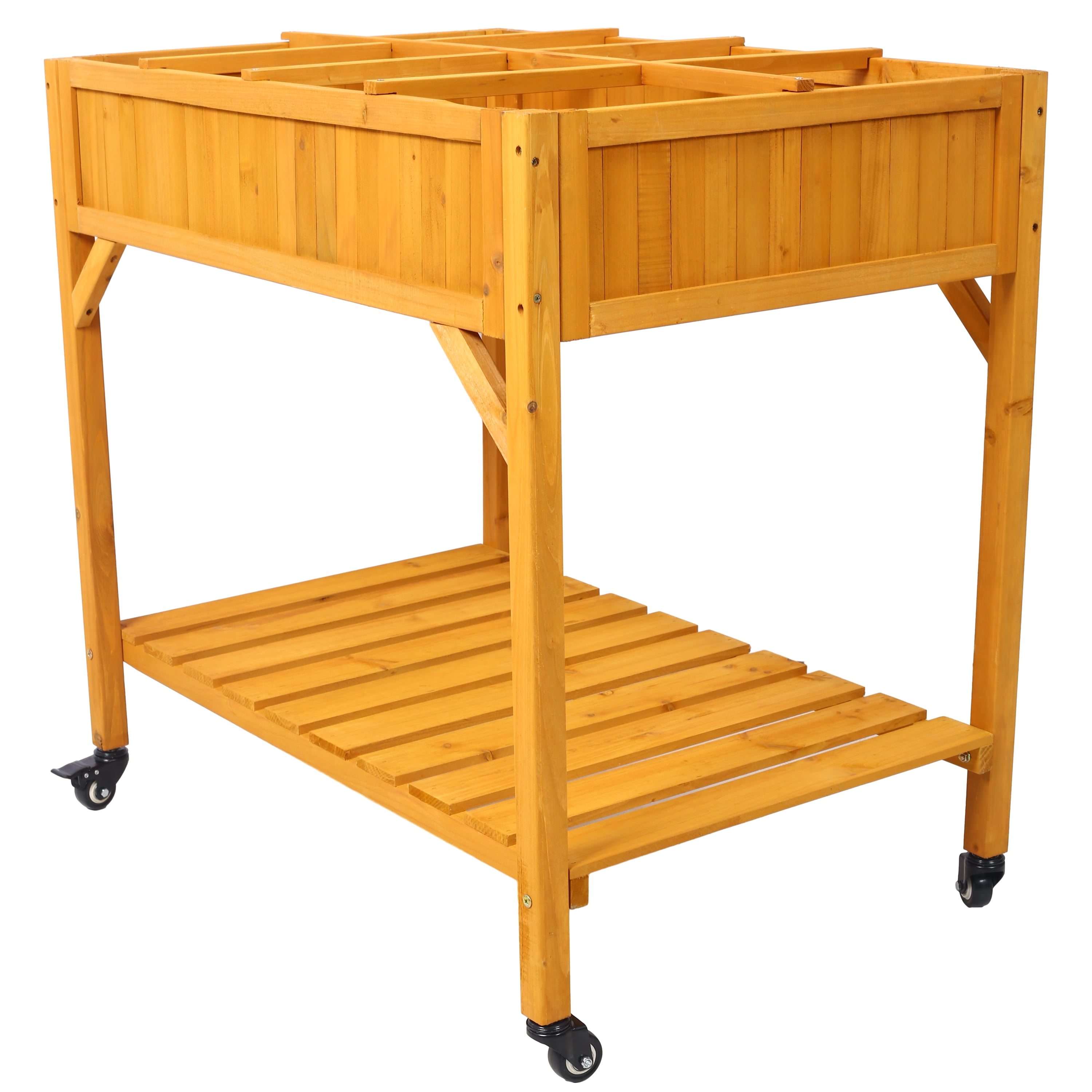 Elevated 8 Pocket Herb Garden Bed Mobile Raised Wooden Planter w/ Lockable Wheels Storage Shelf Fir Wood Material 36" x 24.25" x 34.625"