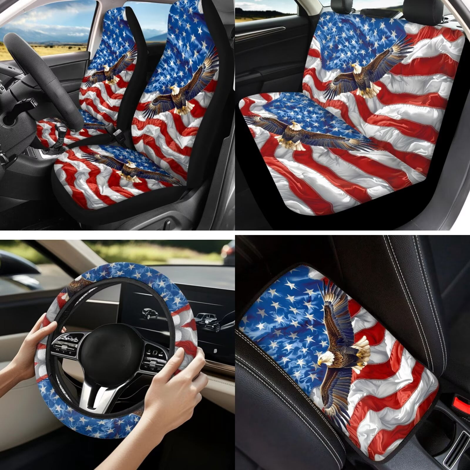 Garronmavis American Flag Eagles 13 Piece Seat Cover Set Universal Car Cover Steering Wheel Cover Armrest Cover Pad Seat Belt Cover Coaster Keychain Lipstick Cover Car Accessories