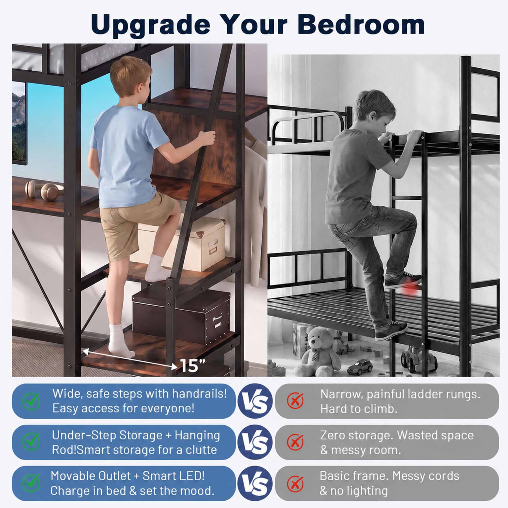 Miniyam Twin Loft Bed with L-Shaped Desk and Reversible Stairs, 3 Fabric Drawers, LED Light and Storage, Black