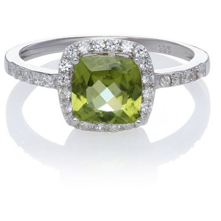 Peridot Cushion-Cut with Created White Sapphire Ring, Size 7
