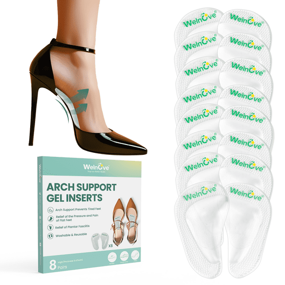 Welnove Arch Support Inserts Flat Feet - 8-Pair Gel Arch Support Insoles for Plantar Fasciitis, Foot Pain Fatigue Relief - Soft Heel Pads Adhesive Fit Most Shoes, Men Women, 0.47" Height
