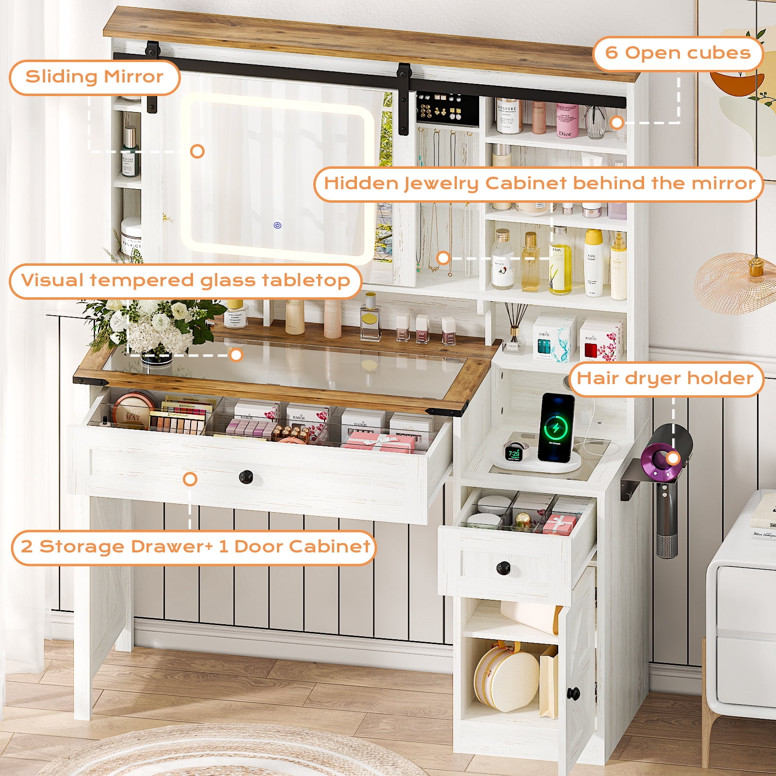 Ktaxon Farmhouse Makeup Vanity with Sliding Barn Door,  Vanity Table Set w/ Lighted Mirror, Washed White