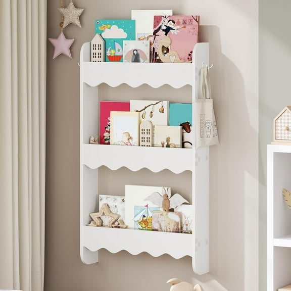 3-Tier Kids Bookshelf, Wall Mounted Book and Toy Storage Rack, Wooden Storage Book Rack for Kids, Wall Book Shelf Organizer, for Kids Room, Playroom, Bedroom, Nursery, White KBWT8701
