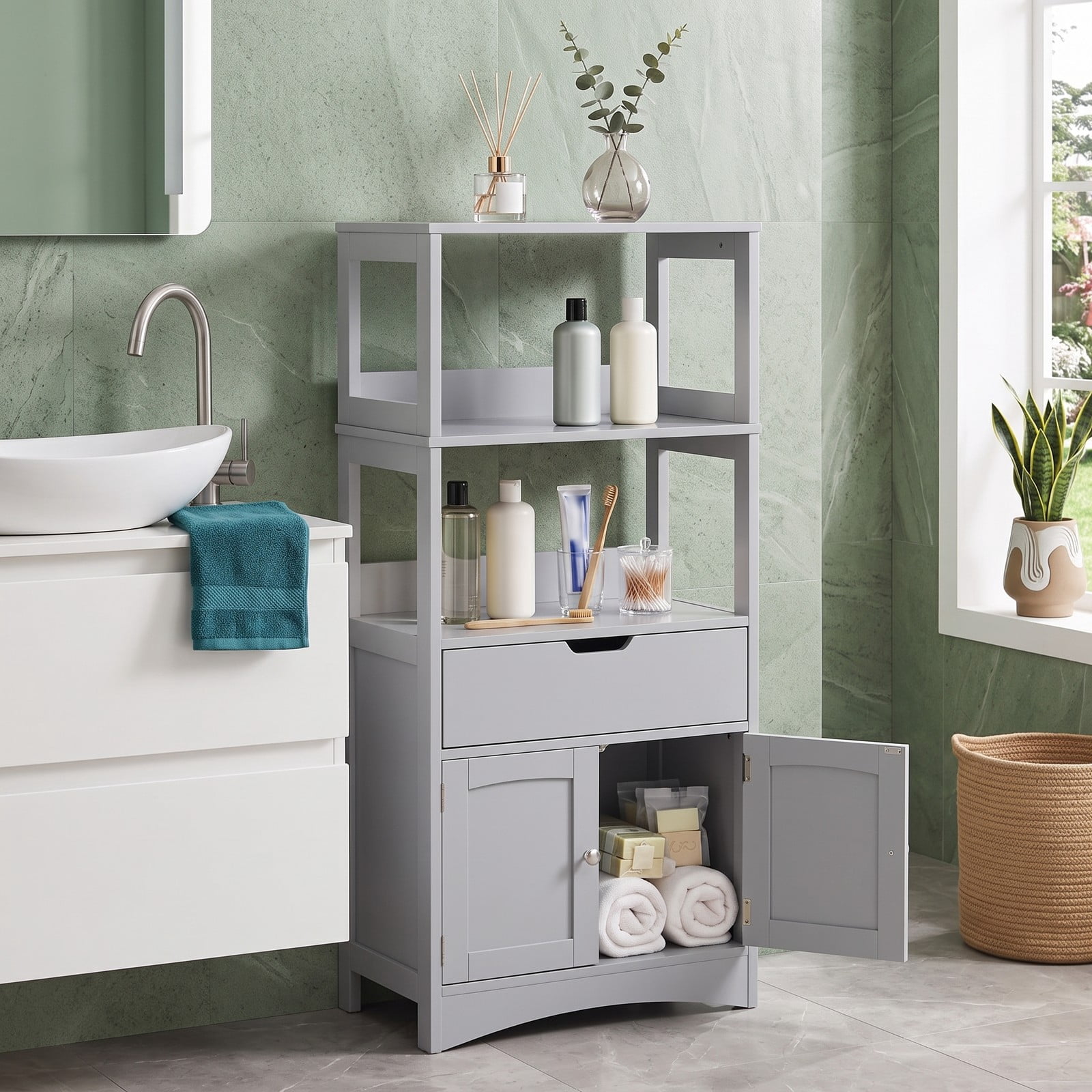 ALPULON Bathroom Storage Cabinet with Drawer and Shelf, Freestanding Floor Organizer, Waterproof MDF Cabinet for Bathroom Bedroom Entryway Living Room, Anti-Tip, Gray