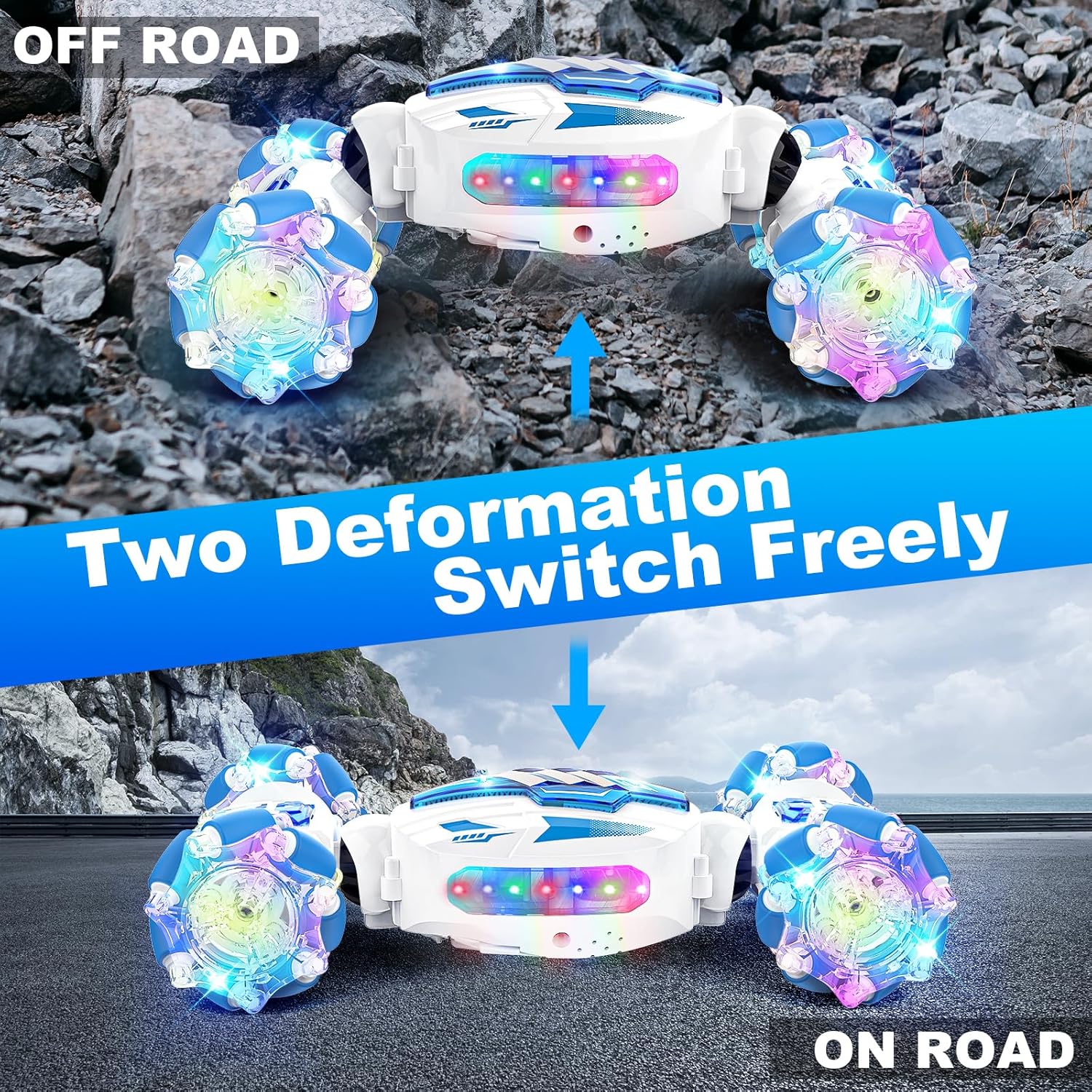RC Cars with LED Lights Remote Control Stunt Car 360° Roll Toys 2 Batteries 60+min Toys for Kids Age 6-14 ,Gifts for Christmas Birthday（Blue）
