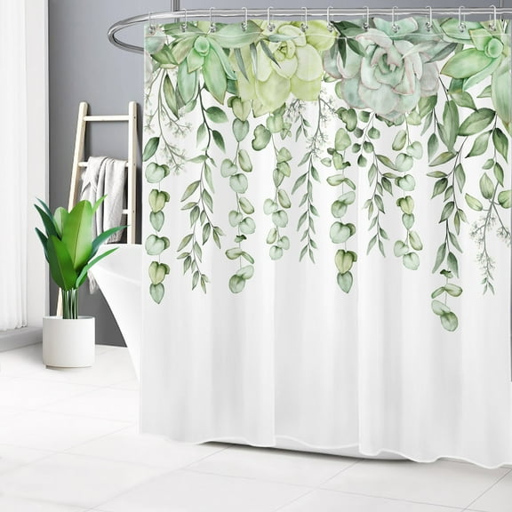 HVEST Eucalyptus Leaf Shower Curtain, Sage Green Leaf Watercolor Shower Curtain - Succulent Plant Bathroom Decor, Waterproof Polyester Fabric, Includes 12 Hooks, 72x78 Inches