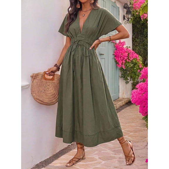 Green Dress With Tie Waist And Short Sleeves