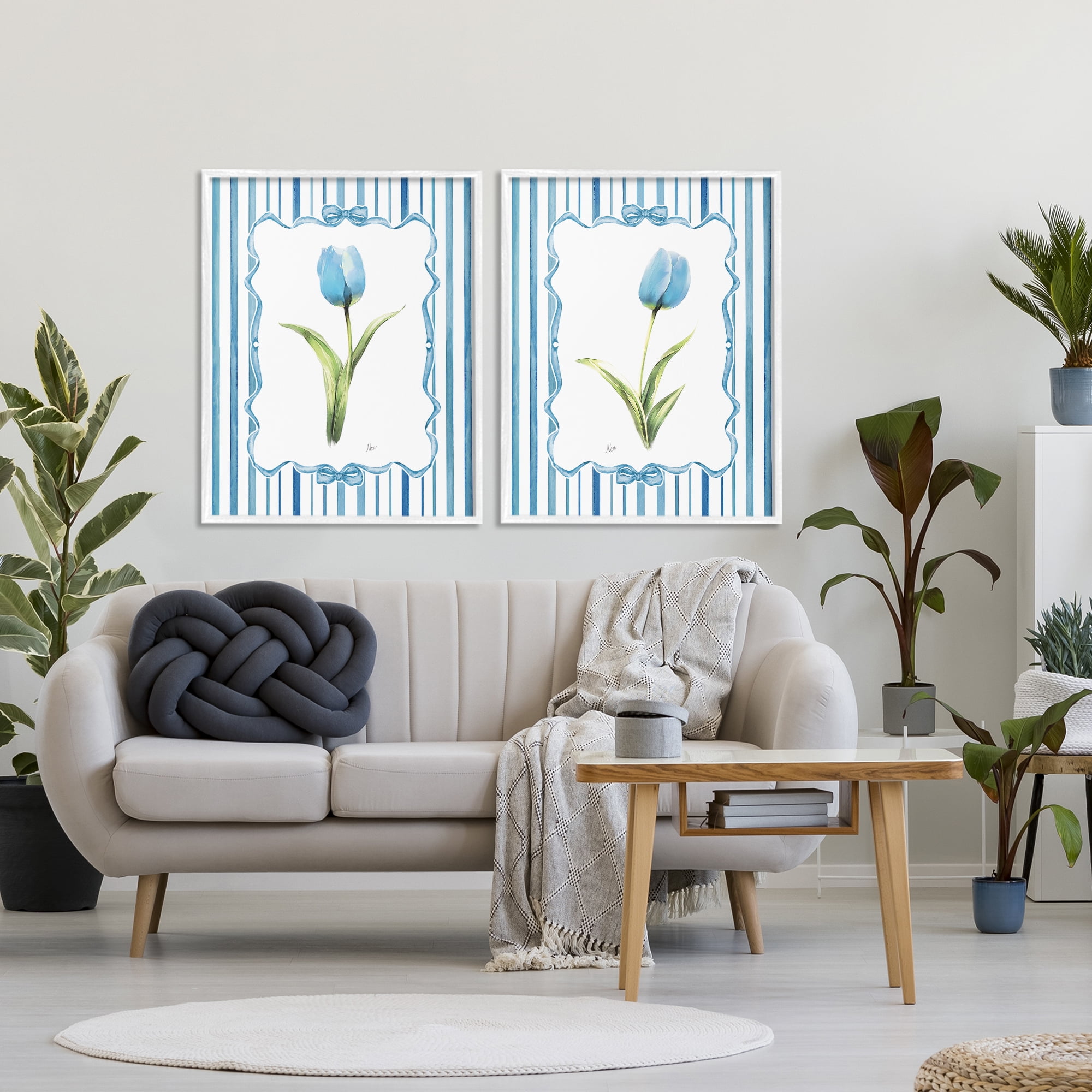Stupell Industries Blue Tulips with Feminine Ribbon 2 Piece White Framed Giclee Art Set, design by Nan