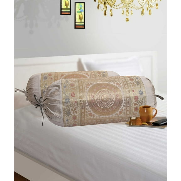Stylo Culture Indian Polydupion Cylindrical Tube Pillow Bolster Pillow Covers Grey Jacquard Brocade Border Mandala Large Couch Round Cylinder Cushion Covers (Set of 2) | 30x15 Inches (76x38 cm)