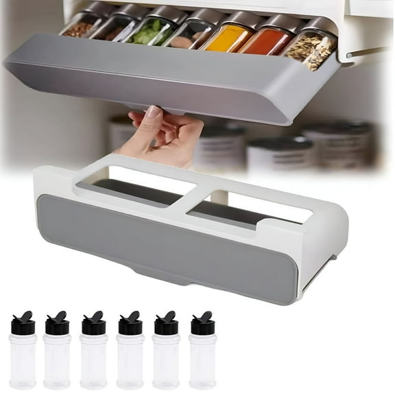 LAMIRO Spice Organizer,Under Cabinet Spice Rack,Under Cabinet Spice Rack Pull Down Hidden,Spice Organization for Cabinet Pull Down Hidden Rack for Drawer with 6 Bottles White