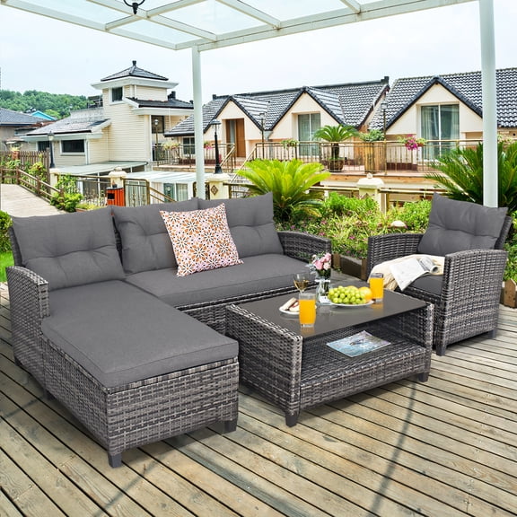 Costway 4PCS Patio Rattan Furniture Set Cushioned Loveseat Table Shelf Gray