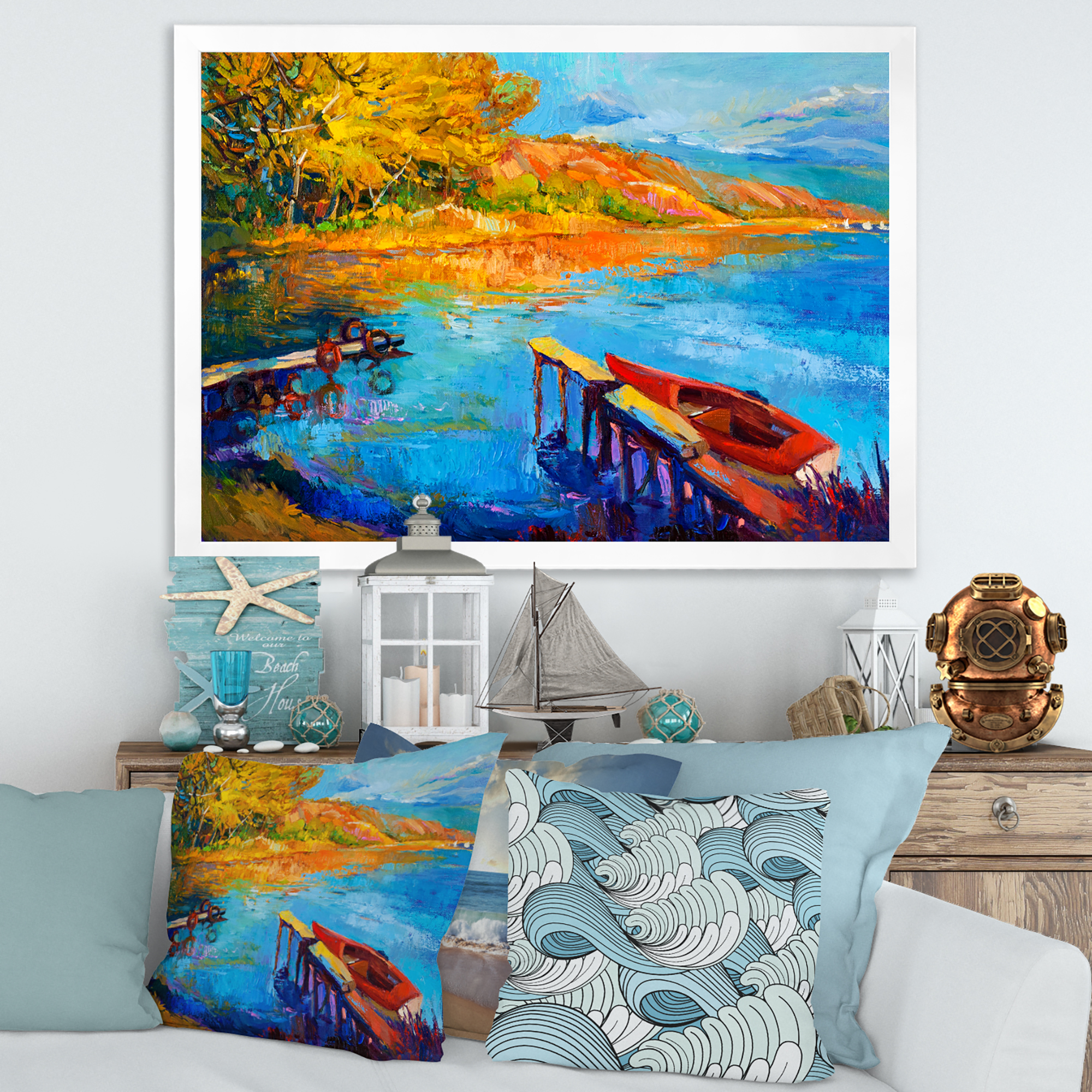 Designart 'The Lake At Sunset Evening Glow II' Lake House Framed Art Print