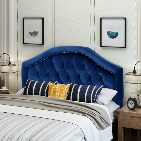Navy Blue Velvet Queen & Full Sized Headboard - Fashion-forward With Button Stitch And Charming Nailhead Accents