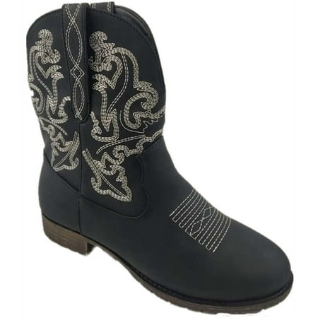 

FITORON Womens Mid Calf Boots- Stitched Knight Boots Mid-tube Round Head Low-heel Embroidered Totem Square Heel Boots Children Black 41