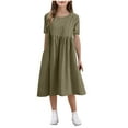 thumbnail image 2 of Spazoro Little and Big Girls A-line Dresses, Short Sleeve Round Neck Solid Color Comfortable Casual Dresses for Girls Army Green Size 13-14T, 2 of 8