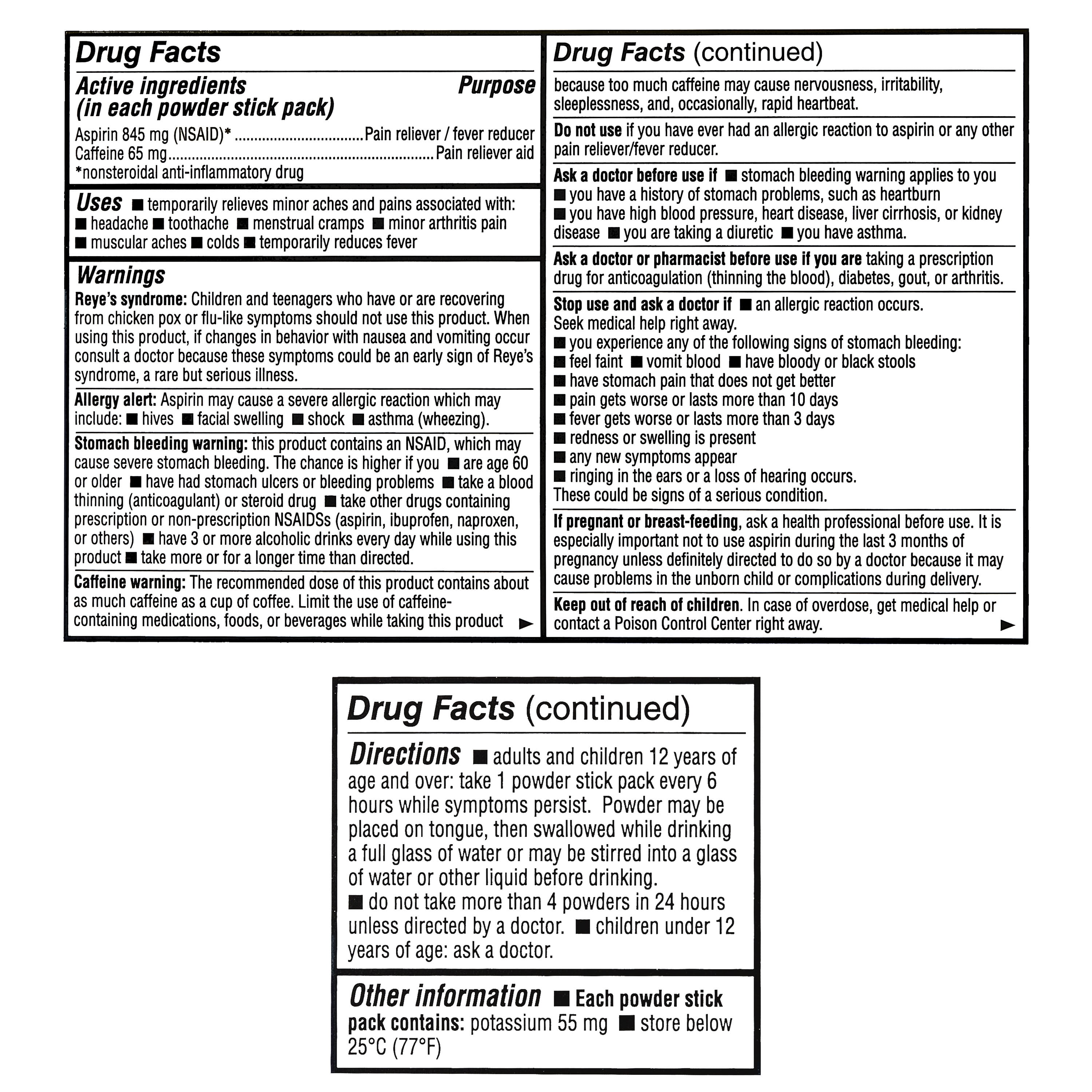 Equate Pain Relief Powder Stick Packets, Aspirin and Caffeine, 845 mg/65 mg, 50 Count, Compare to BC® Original Active Ingredients