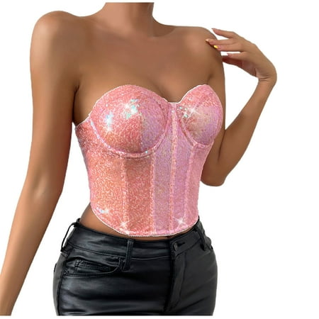 TDYHUAO Womens Glitter Sequin Bustier Corset Top Back Zipper Strapless Tube Top Party Club Festival Outfit for Women and Girls