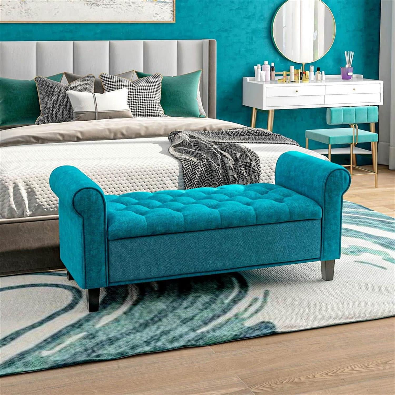 Demi Bonn 22" Storage Ottoman, Cozy Footrest End of Bed Bench with Rolled Arms, Wooden Legs, Tufted Bench, Bedside Bench, Blue