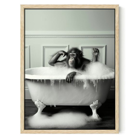 JRXY Funny Bathroom Decor Monkey Poster with Frame 12 x 16 Inch Black and White Animal Bathtub Modern Wall Art 12x16